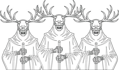 Naklejka premium Three identical skeletal reapers with deer antlers and hooded robes holding staff weapons