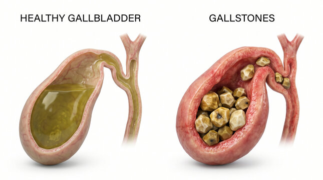 3D Medical Illustration of Healthy Gallbladder and Gallstones