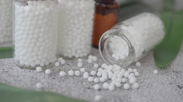 Homeopathic remedies in glass vials on a table