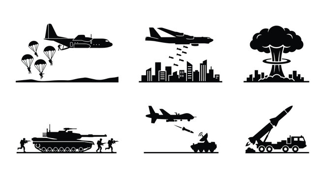 Military Warfare Silhouettes Flat Vector Illustration On White Background