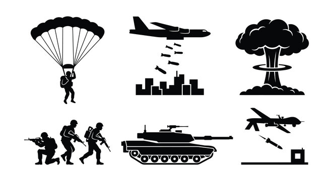 Military Warfare Silhouettes Flat Vector Illustration On White Background
