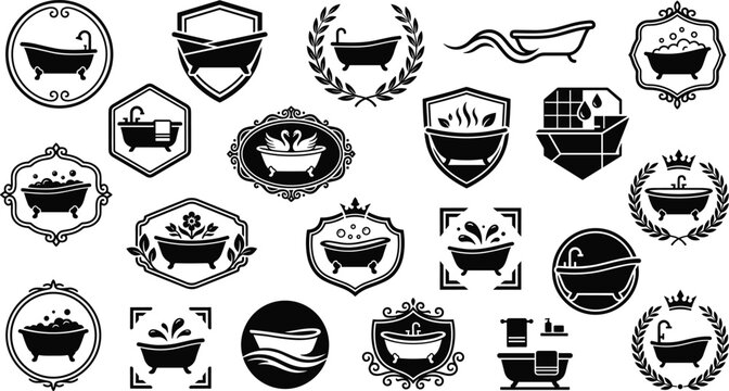Set of black solid vintage bathtub badges for luxury bathroom plumbing and spa logos.