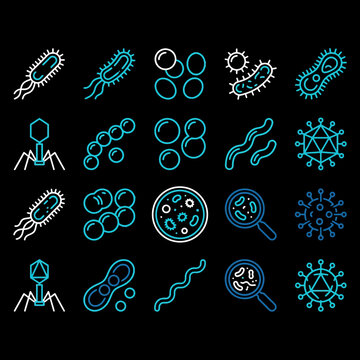 A set of various blue and white bacteria icons