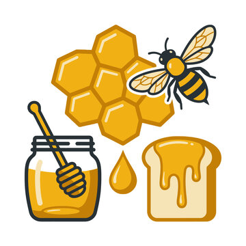 A cute illustration featuring fresh honey and a busy bee