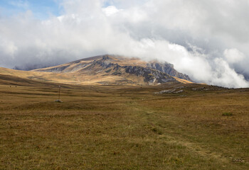 Obraz premium a stone plateau in an alpine area during the autumn season, with dried plants and signs of late autumn