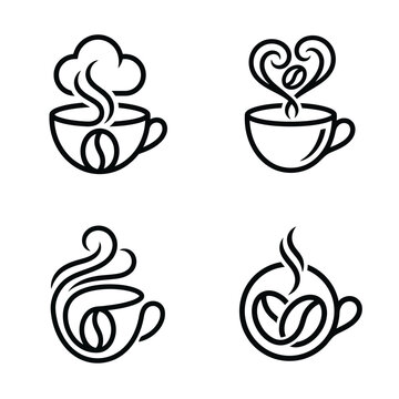 Black line art coffee cups steam.