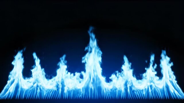 Cinematic horizontal line of glowing blue flames and gas fire burning along the bottom edge against a dark blue to black gradient background with ethereal light effects.