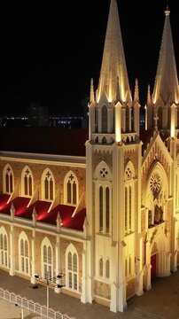 Night Sagrado Coracao De Jesus Cathedral At Petrolina In Pernambuco Brazil. Dom Malan Square. Downtown City. Illuminated Church. Sagrado Coracao De Jesus Cathedral In Petrolina. City At Night Skyline.