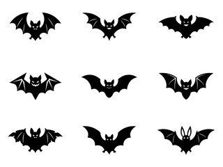 Fototapeta premium Halloween Bat Icons Set - Black Bat Silhouette Vector Collection, Flying Bat Clipart Bundle for Spooky Halloween Design