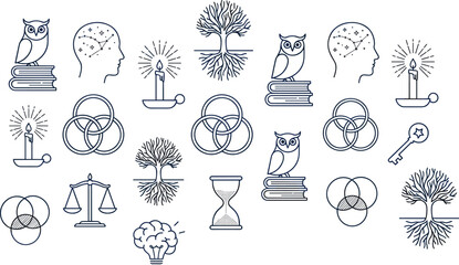 Set of blue linear esoteric philosophy knowledge wisdom and magic alchemy icons on white background. © Nurchhana
