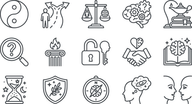 Set of grey linear psychology philosophy ethics logic and human knowledge icons on white background.