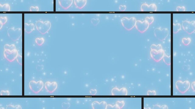 Hearts float in a dreamy blue space surrounded by a structured black rectangular border design.