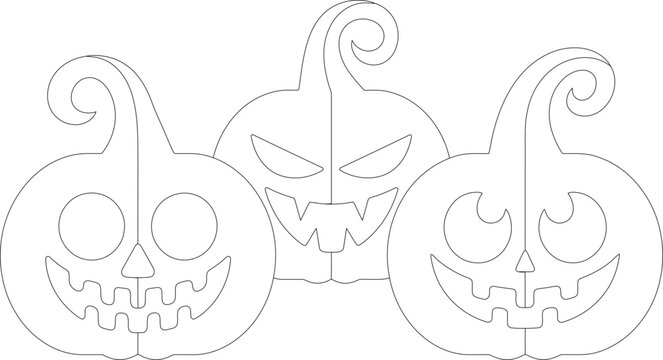Three spooky Halloween jackolantern pumpkins with carved faces in line art style
