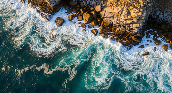 Ocean waves crashing against orange rocks on the beach at high tide