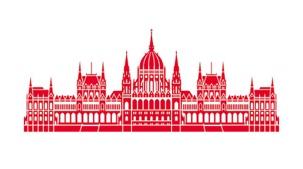 Hungarian Parliament Building Silhouette, Budapest Landmark, Red Outline on White © emal