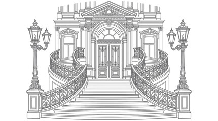 Obraz premium Ornate Mansion Entrance, Grand Staircase, Classical Architecture, Elegant Facade