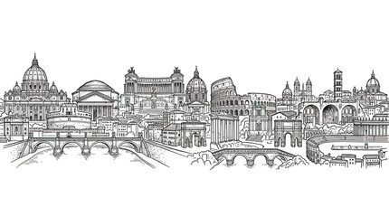 Obraz premium Rome Skyline Silhouette: Famous Landmarks Hand-Drawn Sketch on White Background