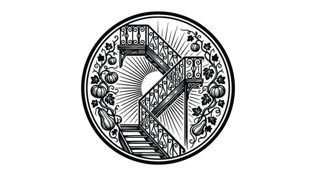Vintage coin emblem with historic building bridge ornamental border vector.