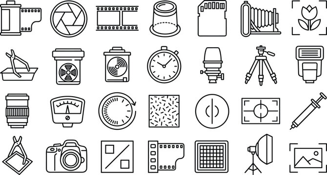Set of black linear analog photography and darkroom studio equipment icons on white background.