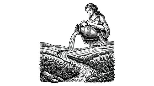Vintage Farm Woman Sitting on Haystack in Rural Field Vector Illustration.