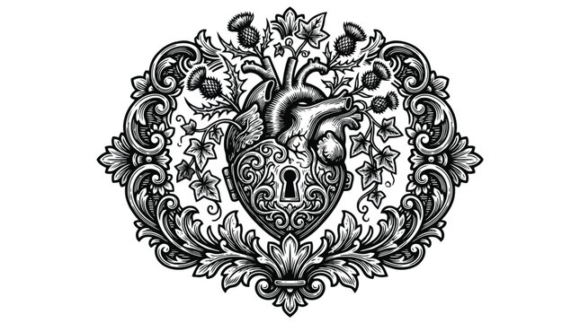Vintage floral crest emblem shield with ornamental scrollwork vector illustration.