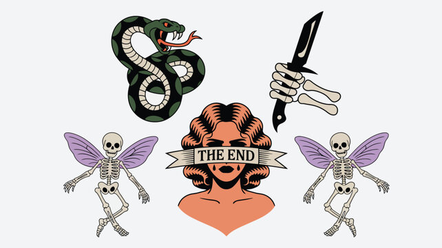 Traditional tattoo inspired icons of a snake, skeleton hand, and mythical creatures