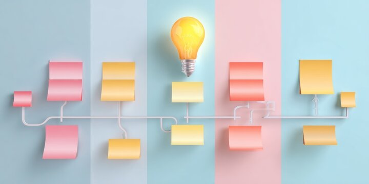 Conceptual illustration of an illuminated light bulb and sticky notes on a colorful background