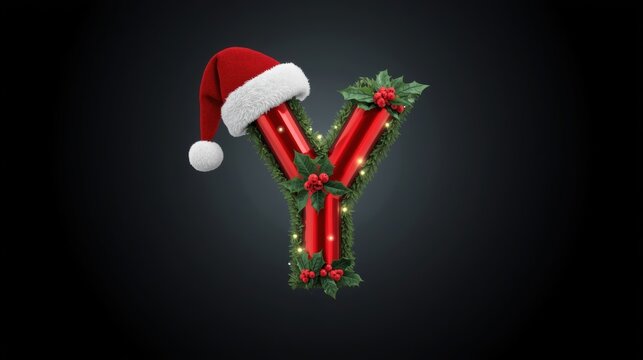 Christmas letter y decorated with pine branches and santa claus hat