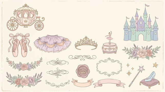 A charming collection of hand-drawn princess and ballet themed elements including a carriage, castle, tiara, ballet shoes, tutu, magic wand, and floral decorations.