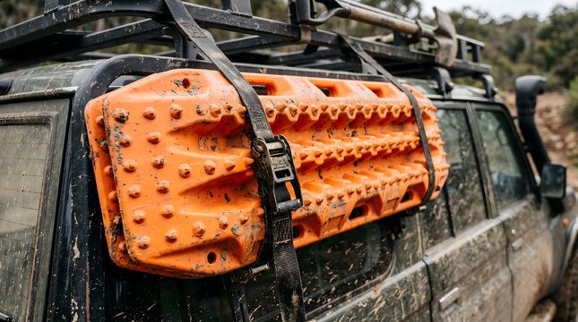 Bright orange recovery traction boards strapped to the side rack of a muddy off-road 4x4 vehicle on a rough dirt trail