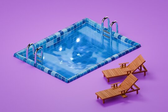 3d tiled isometric swimming pool with ladders, purple background