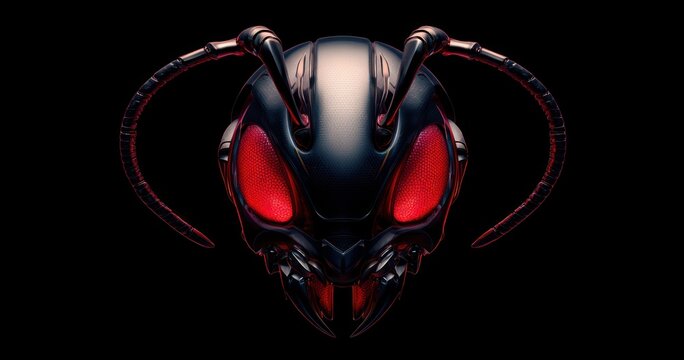 Close up of a digitally rendered ant head with glowing red eyes on a black background