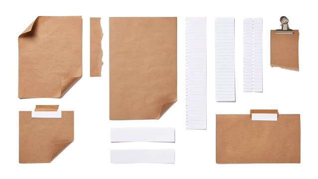 Stationery collection with kraft paper sheets, clipboard, lined paper strips, envelopes, folders arranged neatly on white background, flat vector illustration