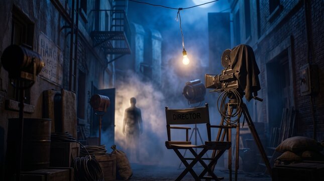 A classic studio backlot alley with a fog machine, a vintage director chair, and a 1940s-style camera on tripod, lit by blue moonlight and a swinging bare bulb, while a translucent figure-shaped