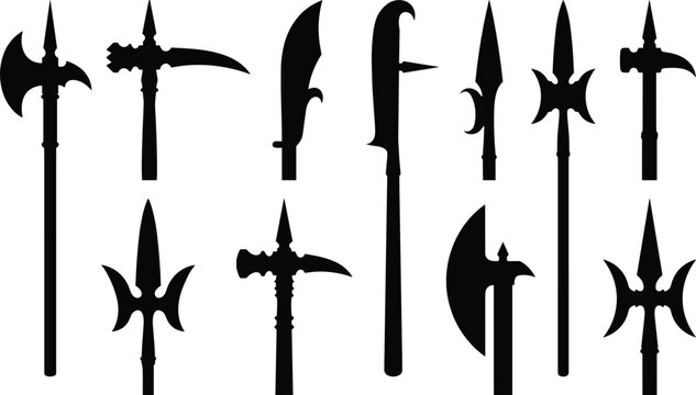 Medieval Polearm Weapon Silhouette Collection with Battle Axes Spears and Halberds Set