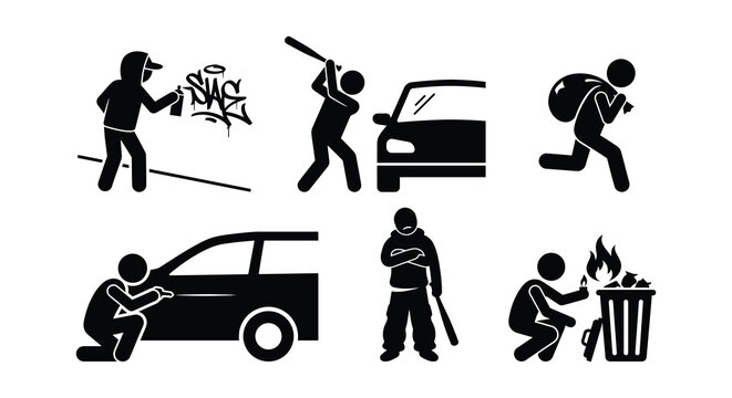 Vandalism Scenes Black Silhouette Vector Illustrations On White Background