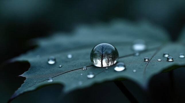 Clear water drop with tree reflection on a dark green leaf after rain