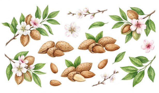 Hand drawn watercolor almond collection with botanical floral elements vector illustration