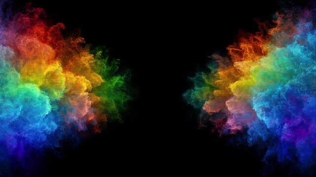 Colorful smoke cloud background with neon rainbow dust art and vibrant texture over black space forming abstract wave shape and bright powder explosion fog creating vivid festive design and copy text