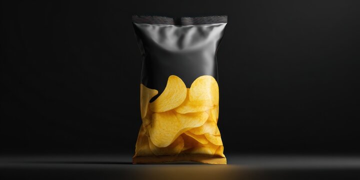 Potato chips in a black package against a dark background food concept