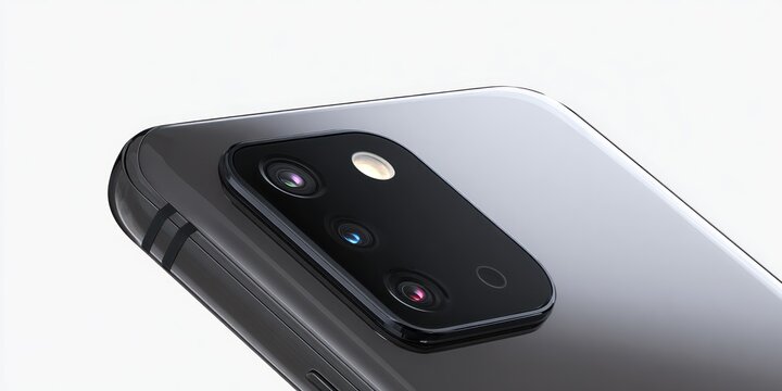 Close up of a modern smartphone with multiple cameras and glossy surface