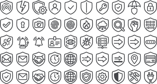 Set of grey linear cybersecurity shield and data protection interface icons on white background.