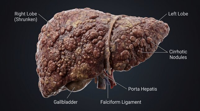 Labeled Medical Illustration of an Anterior Cirrhotic Liver