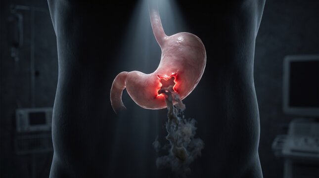Cinematic Medical Concept of a Glowing Perforated Peptic Ulcer