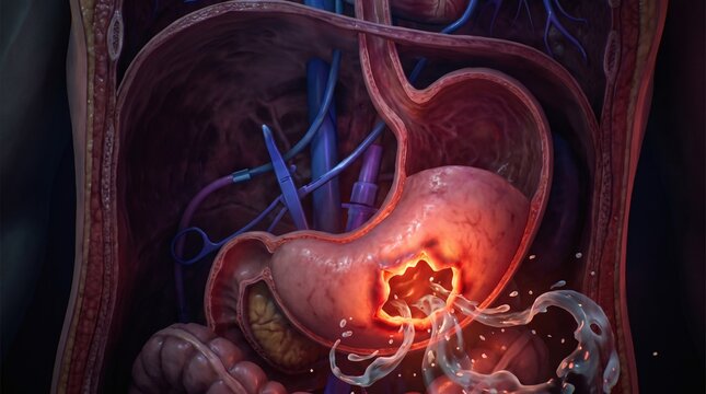 Dramatic 3D Render of a Splashing Gastric Perforation Emergency