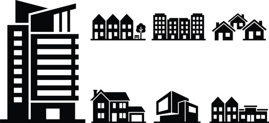 Obraz premium Residential Building Icon Collection with Modern Apartments Suburban Houses Duplex Townhouses and Urban Architecture Symbols for Real Estate Design Projects
