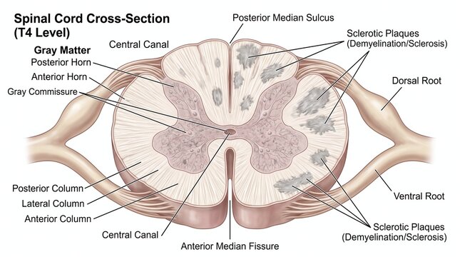 Labeled Diagram of Spinal Cord Cross-Section (T4 Level) Showing MS Sclerosis