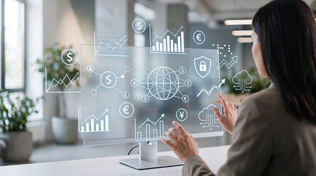 Woman analyzing financial data on transparent screen with charts graphs currency symbols and security icons, business intelligence and global economy concept.