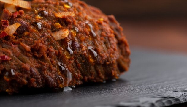 Close up rendang texture with rich spices and coconut oil glaze. suitable for food blogs, restaurant menus, and social media posts.