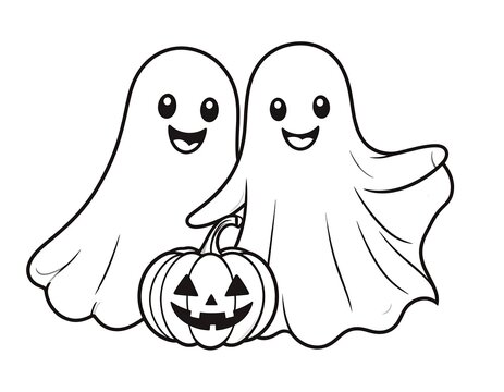 Cartoon-style black-and-white image of two smiling ghosts with a carved jack-o'-lantern. Their eyes and mouths are open
